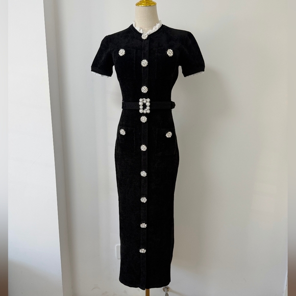 Self-Portrait Black Chenille Knit Midi Dress - joarbit.com